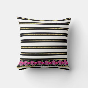 Pink Roses on Black, White, Gold Stripes Cushion