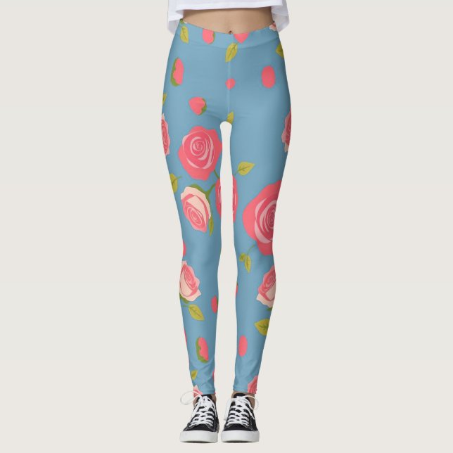 Pink Roses on Blue Background Leggings (Front)