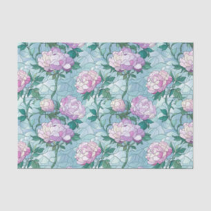 Pink Roses on Blue Background Stained Glass Effect Tissue Paper