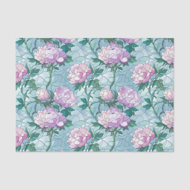 Pink Roses on Blue Background Stained Glass Effect Tissue Paper (Front)