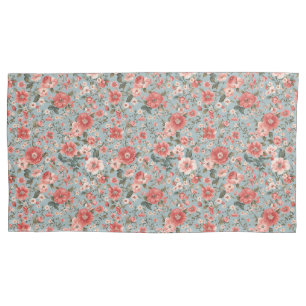 Pink Roses on Blue English Cottage Pillowcase