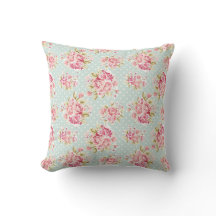 Pink Roses on Blue Polka Dot Vintage Shabby Chic