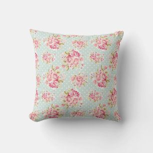 Pink Roses on Blue Polka Dot Vintage Shabby Chic Cushion