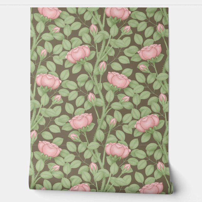 Pink Roses on brown Wallpaper (Unrolling)