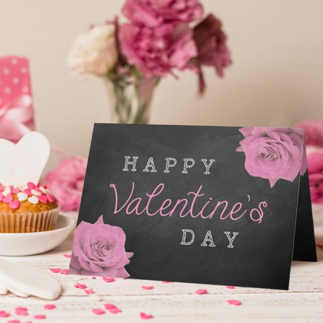 Pink Roses On Chalkboard Happy Valentine's Day Holiday Card (Creator Uploaded)