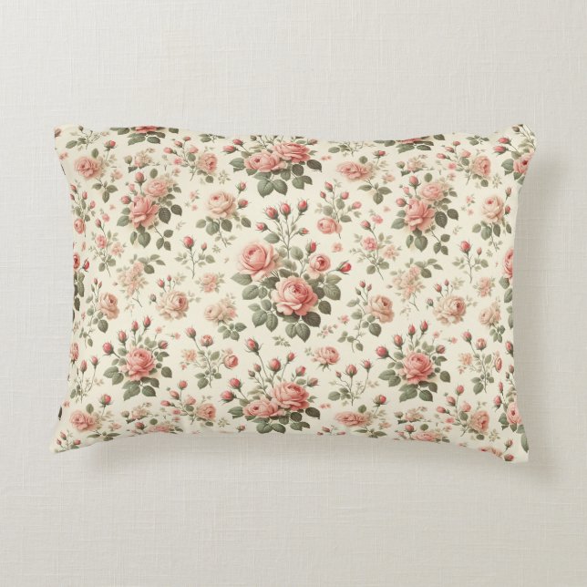 Pink Roses on Cream Vintage Accent Pillow (Back)