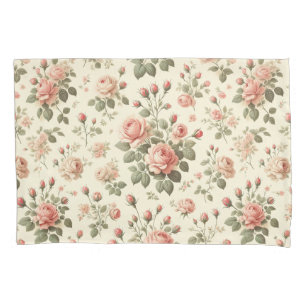 Pink Roses on Cream Vintage Pillow Case