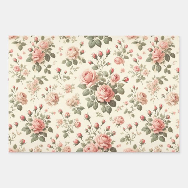 Pink Roses on Cream Vintage Wrapping Paper (Front)