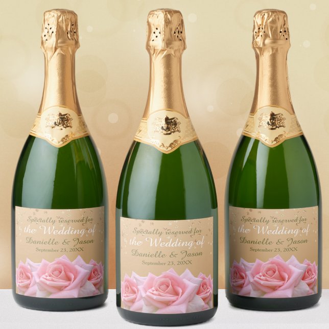 Pink Roses on Glitzy Gold Sparkling Wine Label (Creator Uploaded)
