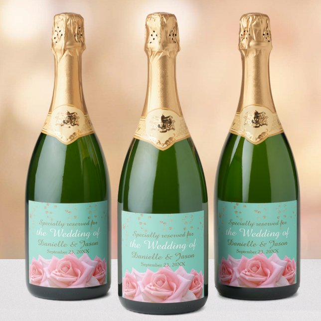 Pink Roses on Glitzy Pearl Aqua Champagne Label (Creator Uploaded)