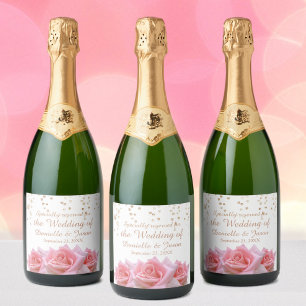 Pink Roses on Glitzy White Champagne Label