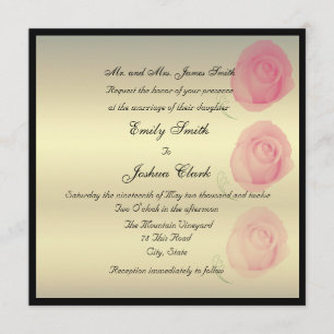 Pink roses on gold wedding invitation