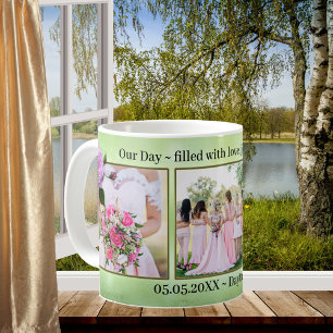 Pink Roses on Green Wedding Photo Mug