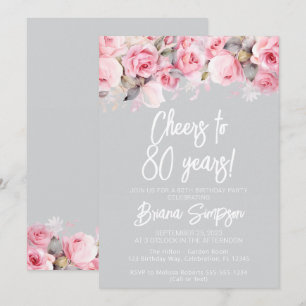 Pink Roses on Grey Floral 80th Birthday Party Invitation