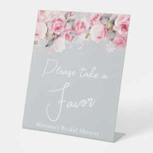Pink Roses on Grey Floral Bridal Shower Favour Pedestal Sign