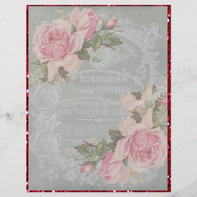 Pink Roses on Grey with Red Glitter Scrapbooking (Front)