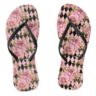 Pink Roses on Harlequin Flip Flops