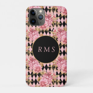Pink Roses on Harlequin Monogram  iPhone 11 Pro Case