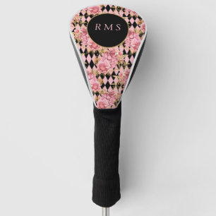 Pink Roses on Harlequin Monogram  Golf Head Cover