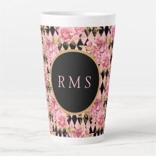 Pink Roses on Harlequin Monogram Latte Mug