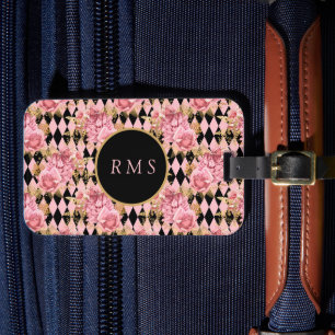 Pink Roses on Harlequin Monogram Luggage Tag