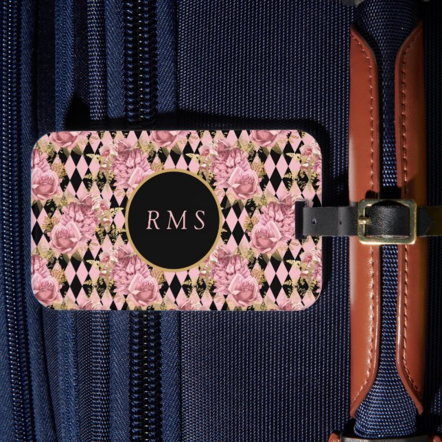 Pink Roses on Harlequin Monogram  Luggage Tag (Front Insitu 4)