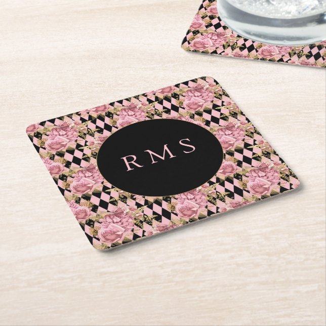 Pink Roses on Harlequin Monogram   Square Paper Coaster (Angled)