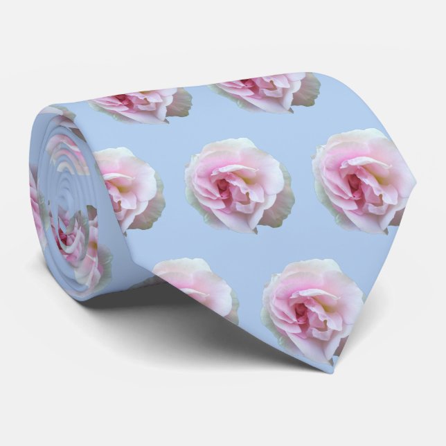 Pink Roses on Light Blue Floral Pattern Tie (Rolled)