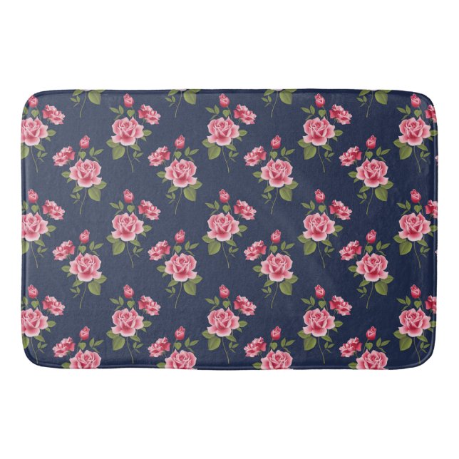 Pink Roses on Navy Blue, Shabby, Large Bath Mat (Front)