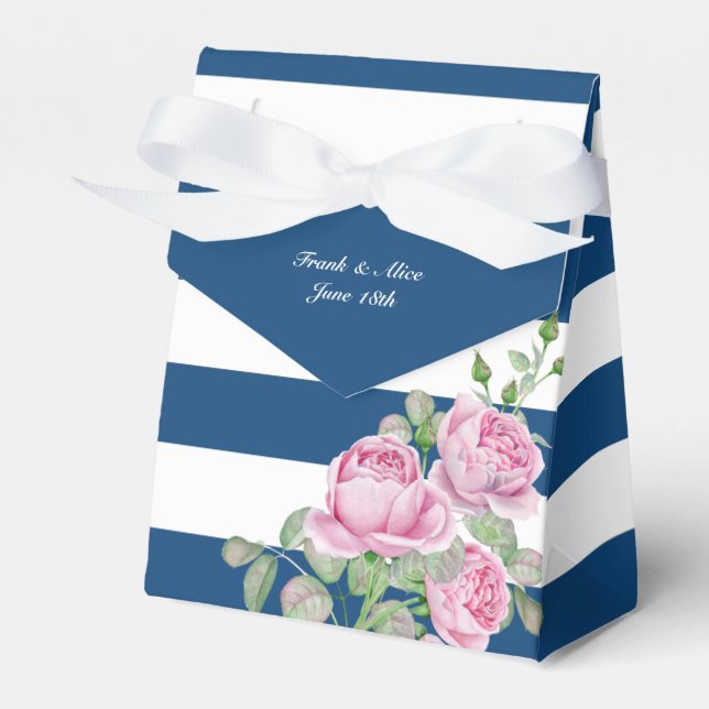 Pink Roses on Navy Stripes Custom Favour Box (Front Side)