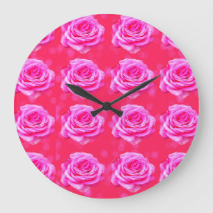 Pink Roses On Pink Bokeh, Large Wall Clock. Clock