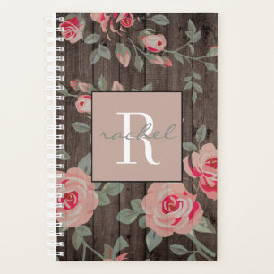 Pink Roses on Rustic Wood Monogrammed Planner