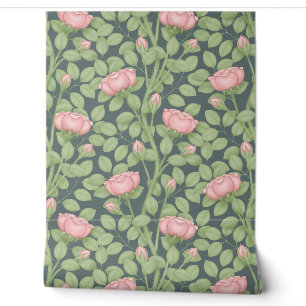 Pink Roses on slate blue Wallpaper