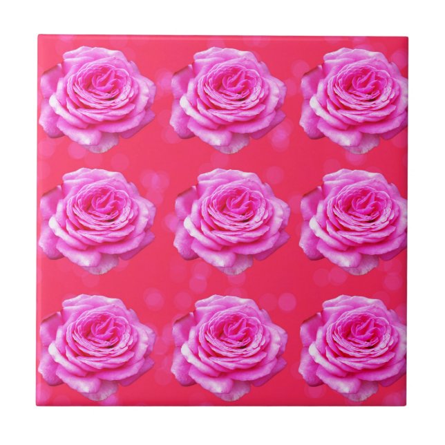 Pink Roses On Sparkle Pink Bokeh,- Tile (Front)