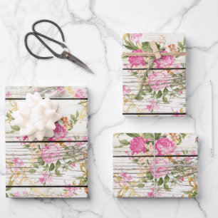 Pink Roses on White Barnboard Wrapping Paper Sheet
