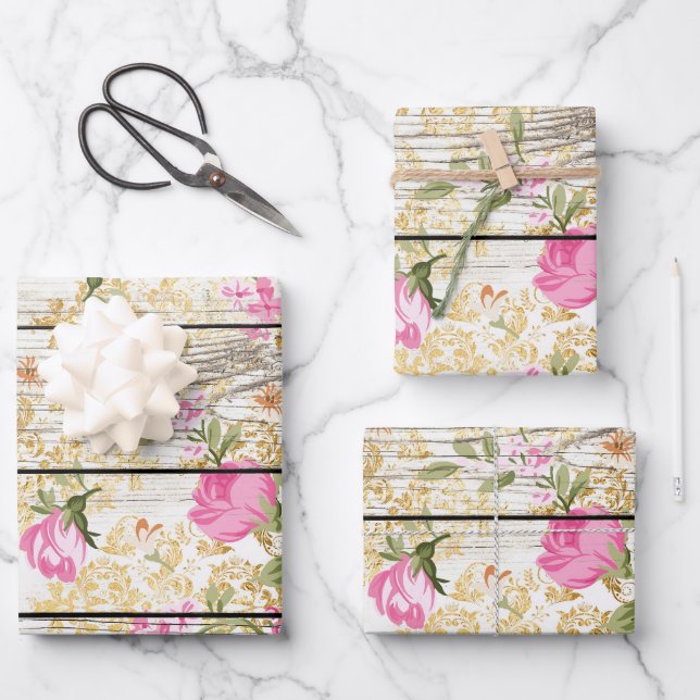 Pink Roses on White Barnboard Wrapping Paper Sheet (Front)