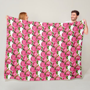 Pink Roses on White  Fleece Blanket