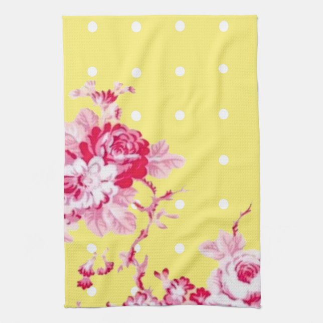 Pink Roses On Yellow Kitchen Towel (Vertical)