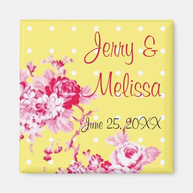 Pink Roses On Yellow Wedding Favour Magnet (Front)