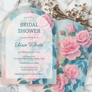 Pink Roses Painting Bridal Shower CUSTOM Arched Invitation