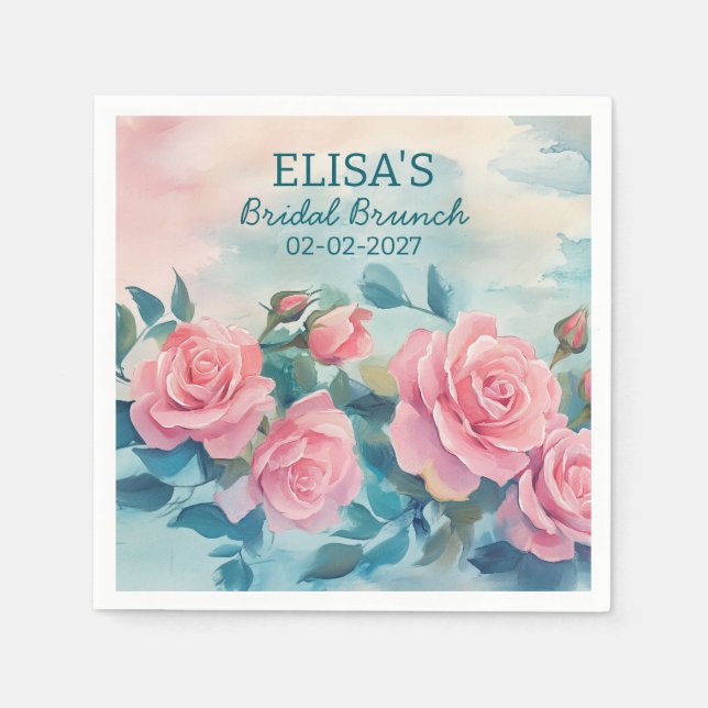 Pink Roses Painting Bridal Shower CUSTOM  Napkin (Front)