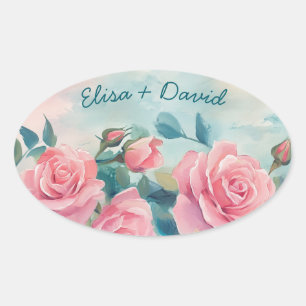 Pink Roses Painting Bridal Shower CUSTOM Oval Sticker
