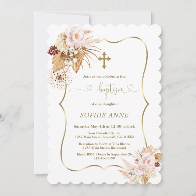 Pink Roses Pampas Grass Palm Gold Girl Baptism Invitation (Front)
