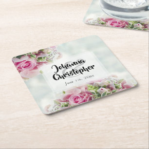 Pink Roses Paper Wedding Coaster