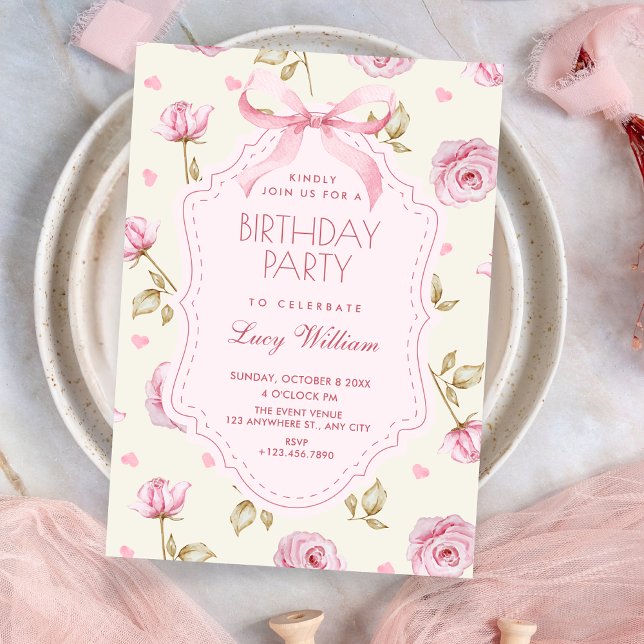 Pink roses pattern bow birthday invitation (Creator Uploaded)