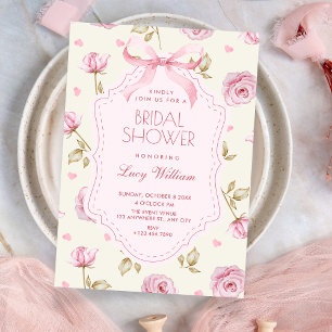 Pink roses pattern bow bridal shower invitation