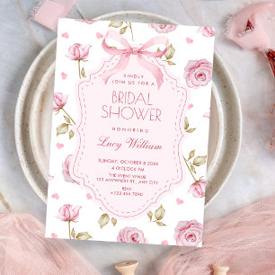 Pink roses pattern bow bridal shower invitation
