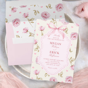Pink roses pattern bow wedding invitation