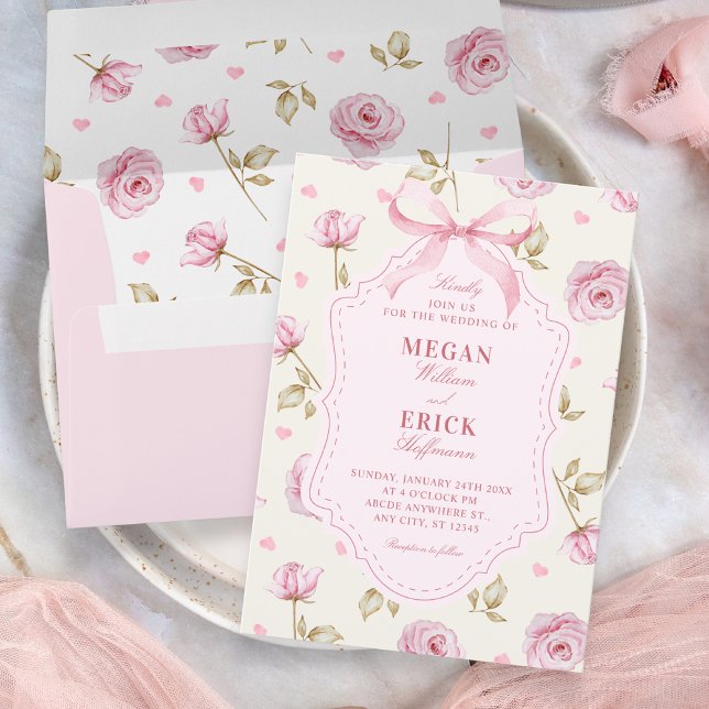 Pink roses pattern bow wedding invitation (Creator Uploaded)
