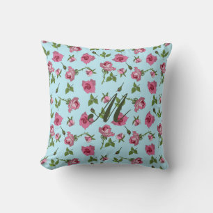 Pink roses pattern on blue monogram Throw Pillow
